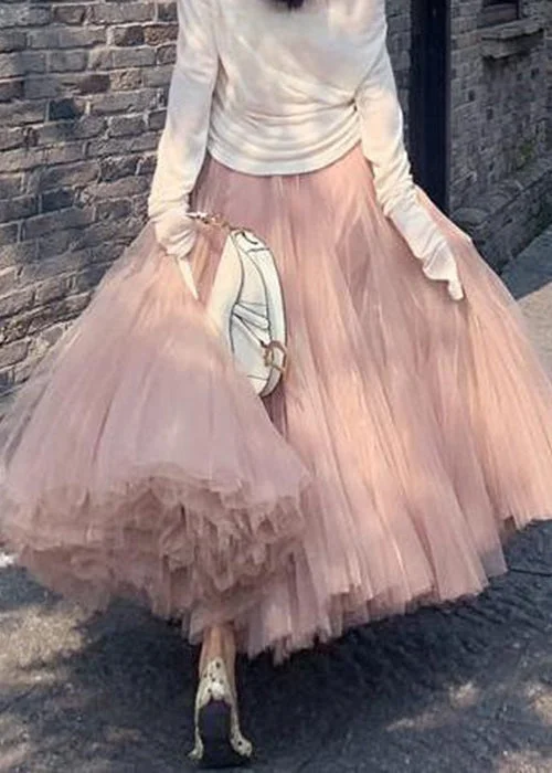 Elegant Pink Wrinkled High Waist Tulle Skirt Spring Floral unclassified skirts