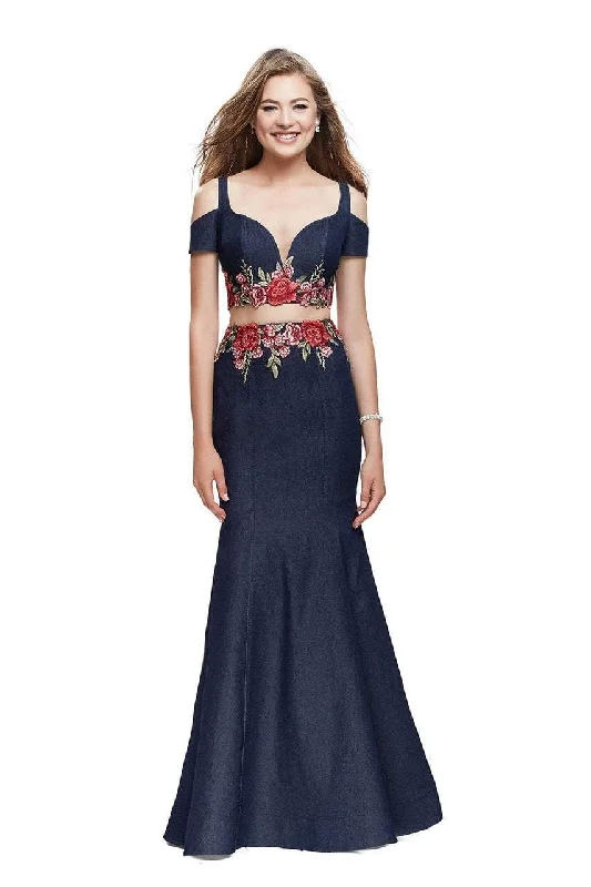 La Femme - 25848 Cold Shoulder Floral Two Piece Denim Gown Budget-friendly party dresses