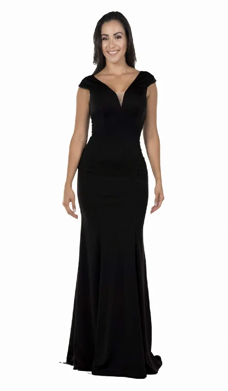 Poly USA - 8290 Cap Sleeve Deep V-Neck Sheath Gown Best party dresses for petites