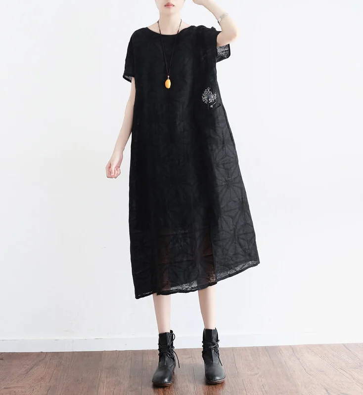 Black Loose Fitting Linen Women Dresses Summer Casual Embroidery Women Dresses AMT96214 Open-back unclassified dresses