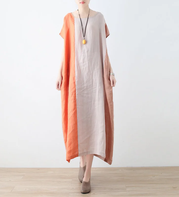 Women Loose Fitting Linen Dresses Khaki And Orange Summer Casual Irregular Women Dresses  AMT96215 Short unclassified dresses