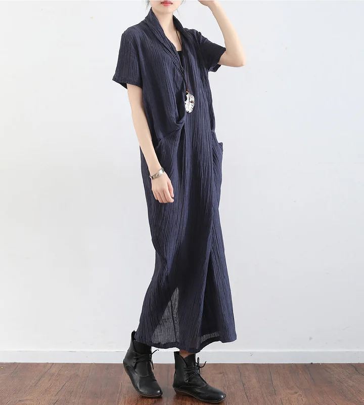 Navy Blue Vintage Style Women Loose Fitting Pleated Linen V Neck Dresses Summer Casual Knot Women Dresses AMT96218 Anniversary unclassified dresses