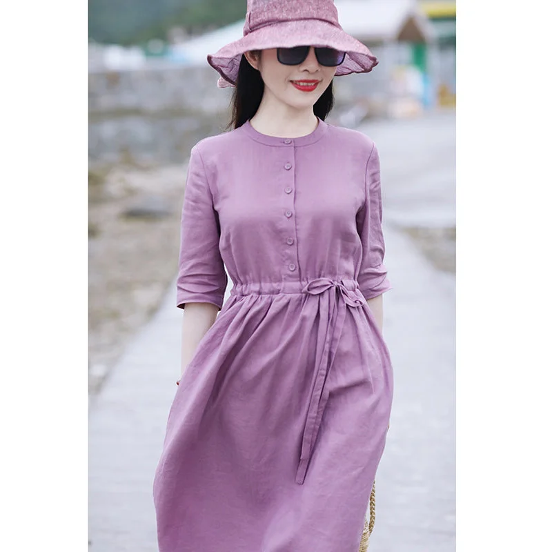 Purple Women Dresses Linen Spring Summer Women Dresses With Waist Belt SMM96205 Fashionable unclassified dresses