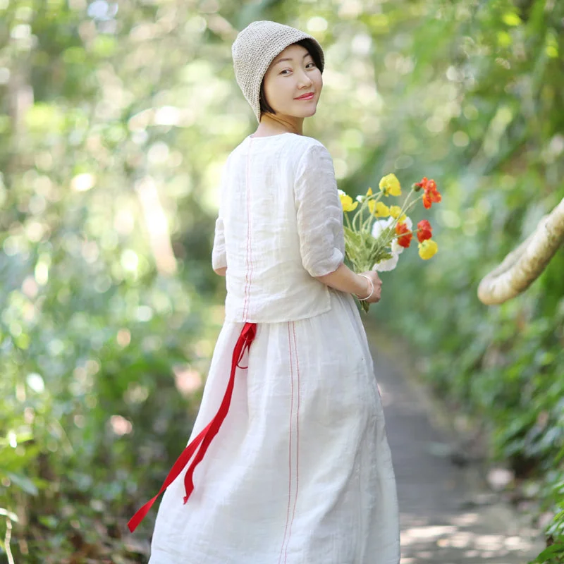 White Linen Dresses Summer Women Dresses With Red Stripe WC961803 Short unclassified dresses