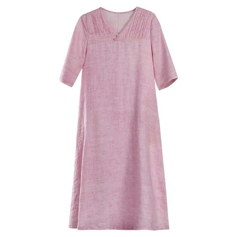 Pink Linen Women Dresses Spring Summer Women Dresses With V Neck WC961807 Bold pattern unclassified dresses