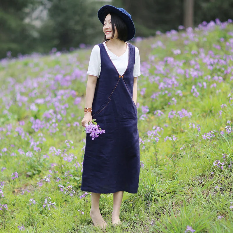 Navy Blue Linen Strap Dresses Spring Summer Women Dresses SleevesLess Design WC961808 Street style unclassified dresses