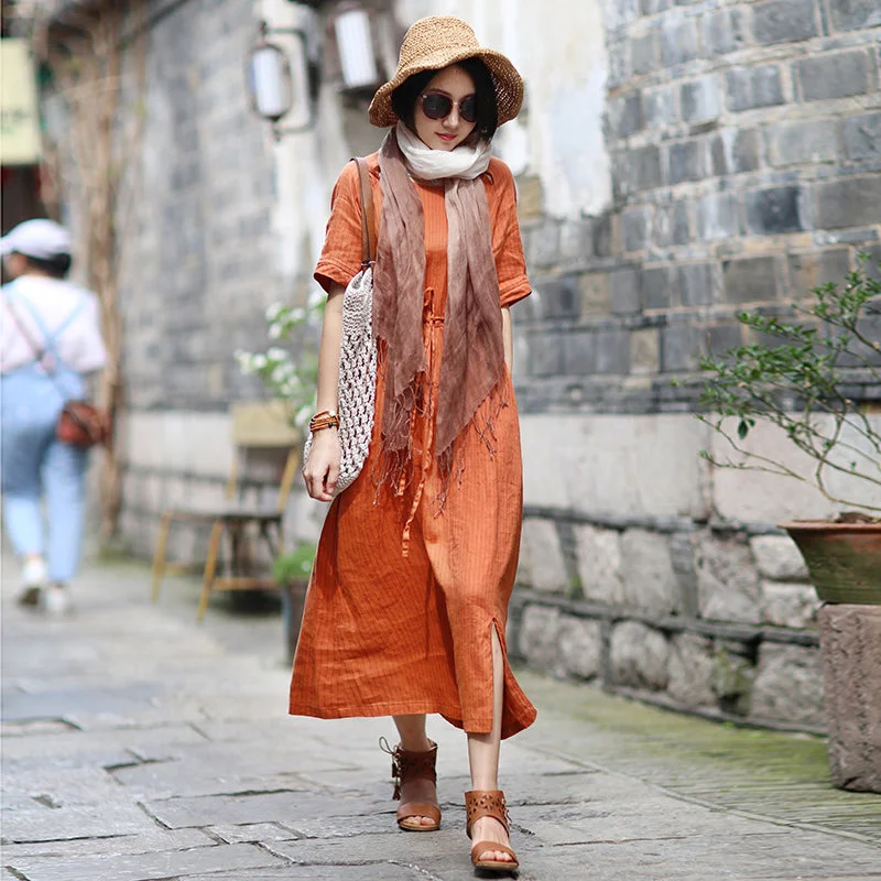 Stripe Women Linen Dresses 100% Linen Spring Summer O Neck Women Dresses  WC961809 Off-shoulder unclassified dresses