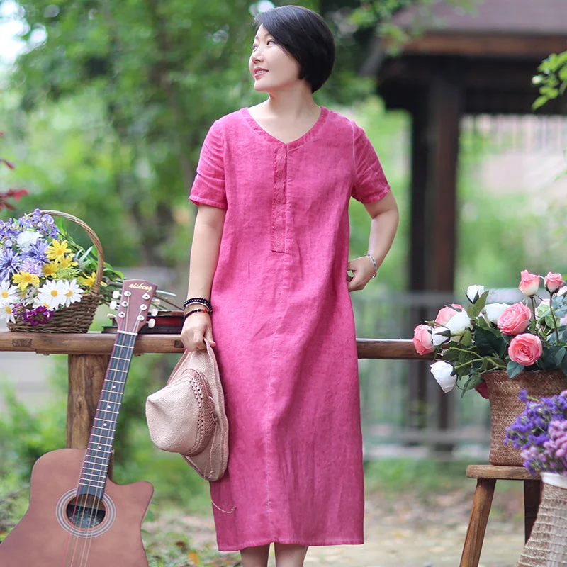 Red Linen Dresses Spring Summer Women Dresses With V Neck WC961813 Elegant evening unclassified dresses