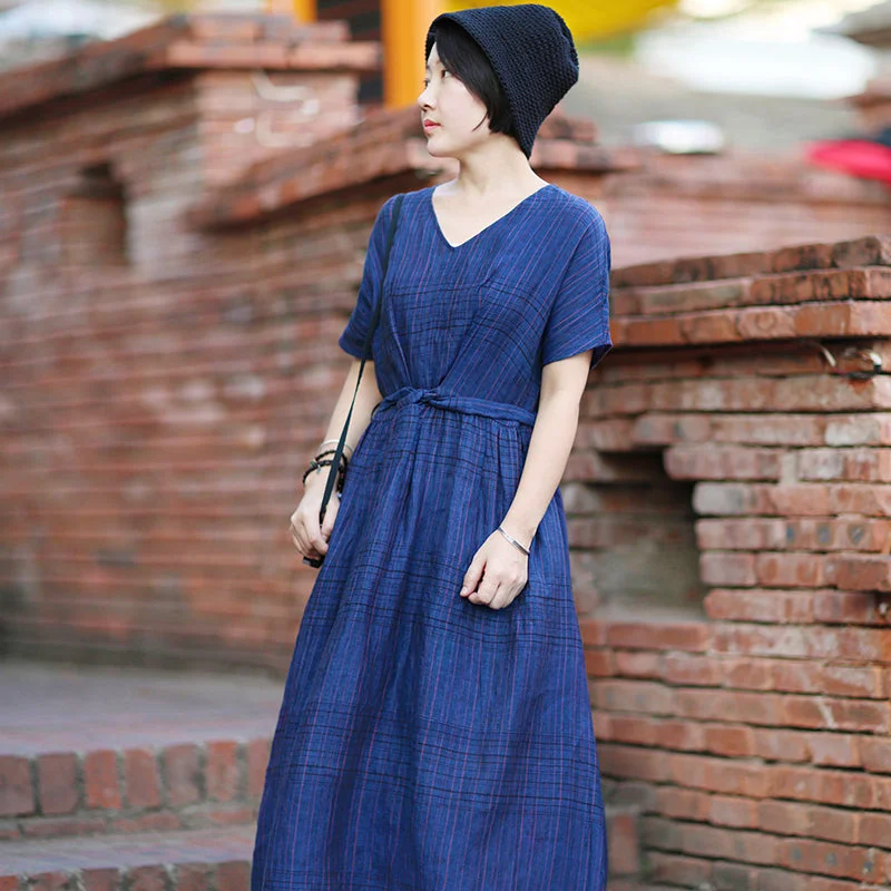 Navy Blue Women Linen  Dresses Summer Women Dresses 1819 Engagement unclassified dresses