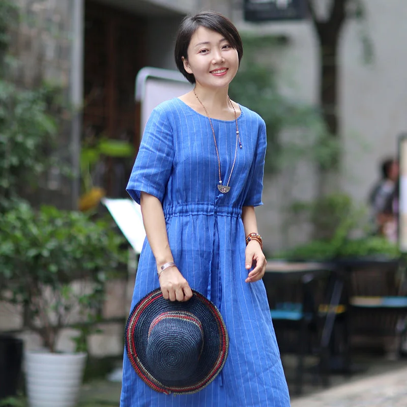 Stripe Blue Linen Women Dresses Spring Summer Women Dresses With Waist Belt WC961838 Pastel unclassified dresses