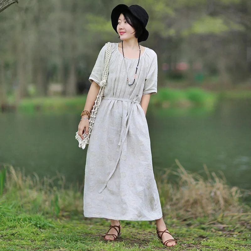 Khaki Linen Women Dresses Pleated Spring Summer Women Dresses With Waist Belt WC961839 Backless unclassified dresses