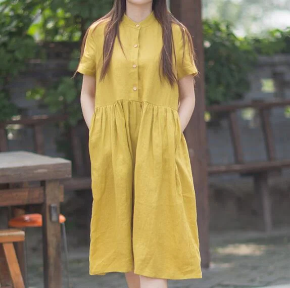 Yellow 100% Linen Women Dresses Spring Summer Women Dresses XH9527 Flowy unclassified dresses