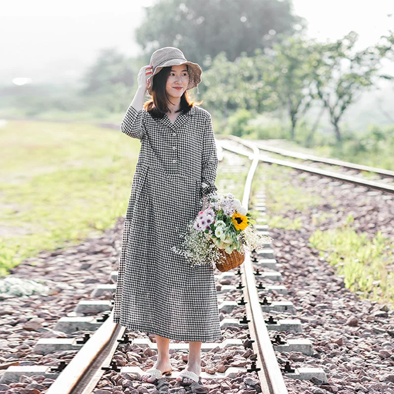 Plaid Linen Women Dresses 3/4 Sleeves V Neck Spring Summer Women Dresses XH9612 Minimalist unclassified dresses