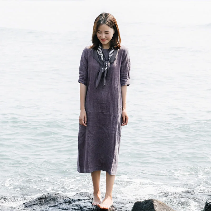 Solid Linen Women Dresses  Sleeves O Neck Spring Summer Shift Dresses XH9615 Sexy unclassified dresses