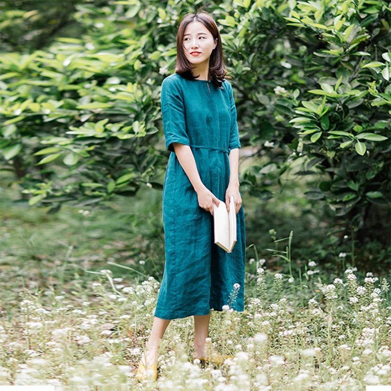 Green Linen Women Dresses Half Sleeves O Neck Spring Summer Women Dresses XH9619 Spring unclassified dresses