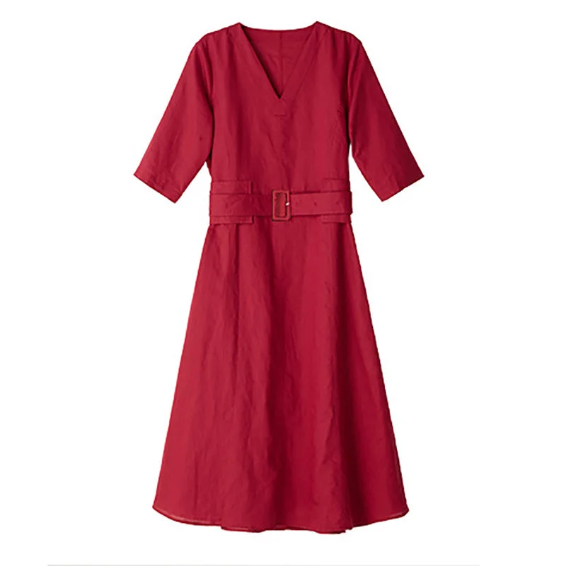 Red 100% Linen Women Dresses 3/4 Sleeves V Neck Spring Summer Women Dresses XH9620 Bright color unclassified dresses