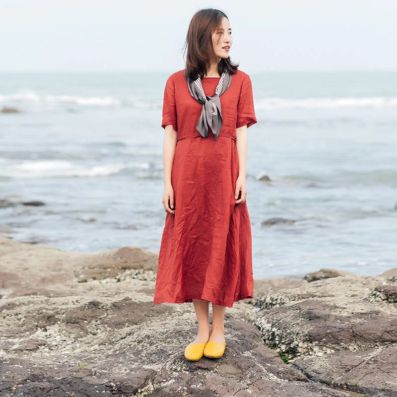 Red 100% Linen Women Dresses 3/4 Sleeves O Neck Spring Summer Women Dresses XH9631 Petite unclassified dresses