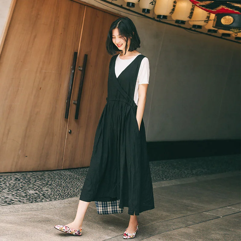 Black 100% Linen Women Strap Dresses Sleeveless Summer Women Dresses XH9638 Open-back unclassified dresses