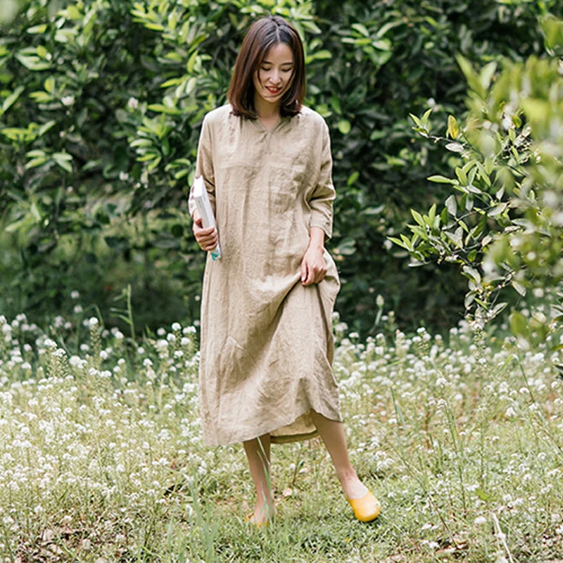 Summer 100% Linen Women Dresses 3/4 Sleeves V Neck Spring Women Dresses XH9653 Engagement unclassified dresses