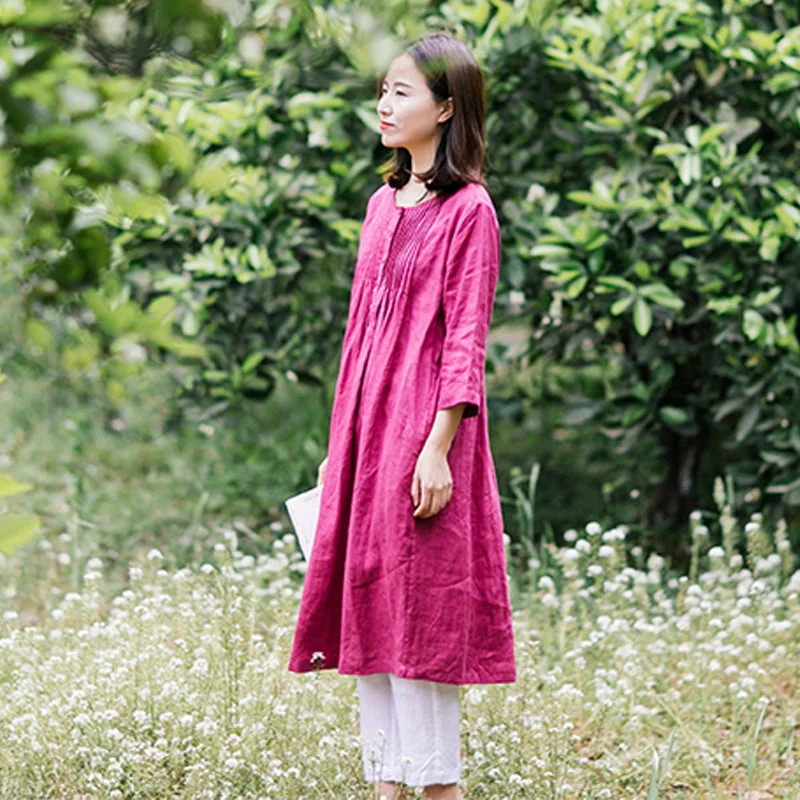 Rose Red 100% Linen Women Dresses 3/4 Sleeves U Neck Spring Summer Women Dresses XH9654 Tulle unclassified dresses