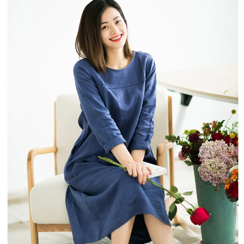 Navy Blue 100% Linen Women Dresses 3/4 Sleeves O Neck Spring Summer Women Dresses XH9655 Y2K unclassified dresses