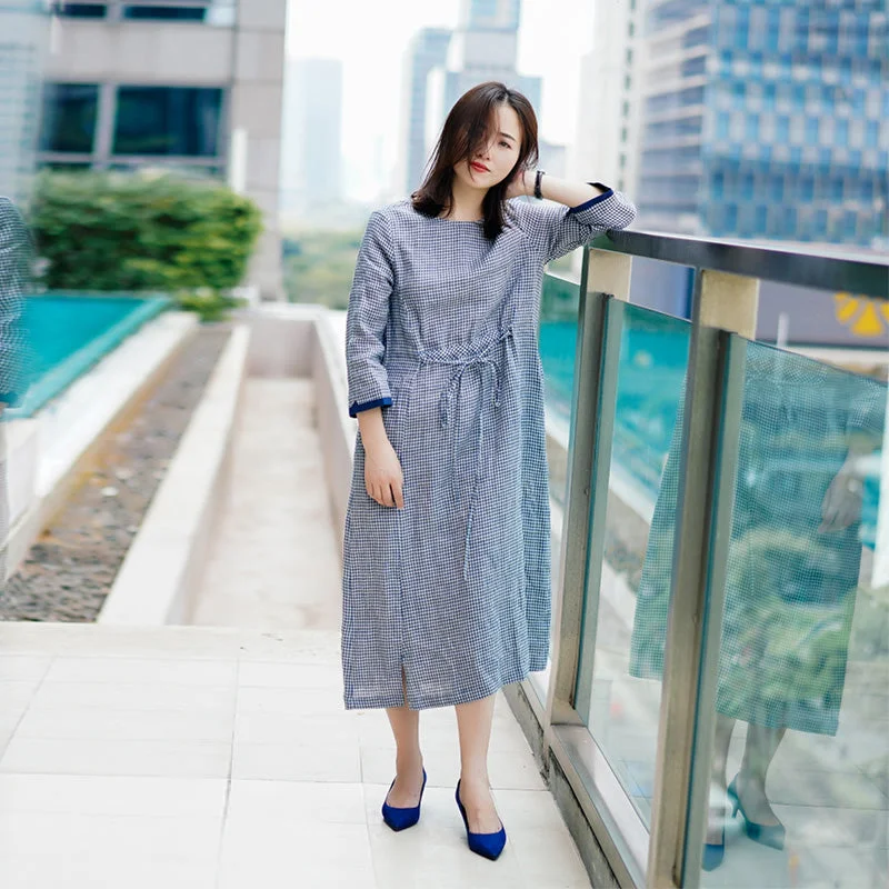 Plaid 100% Linen Women Dresses 3/4 Sleeves O Neck Spring Summer Women Dresses XH9658 Graduation unclassified dresses