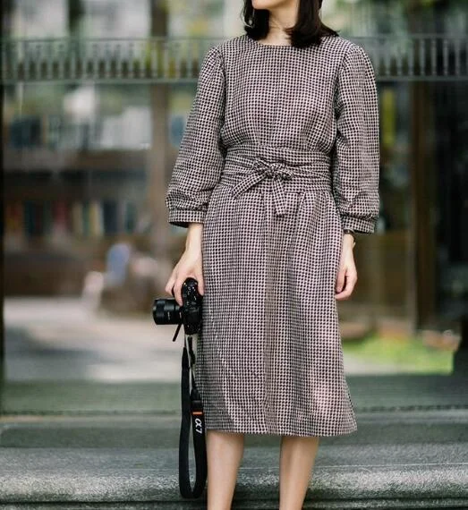 Plaid Linen Women Dresses 3/4 Sleeves O Neck Dresses Spring Summer Women Dresses XH9659 Bold pattern unclassified dresses