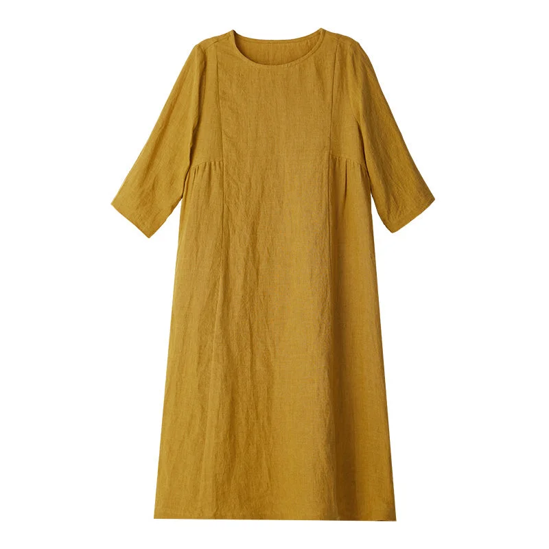 Yellow Linen Women Dresses 3/4 Sleeves O Neck Spring Summer Women Dresses XH9661 Formal unclassified dresses