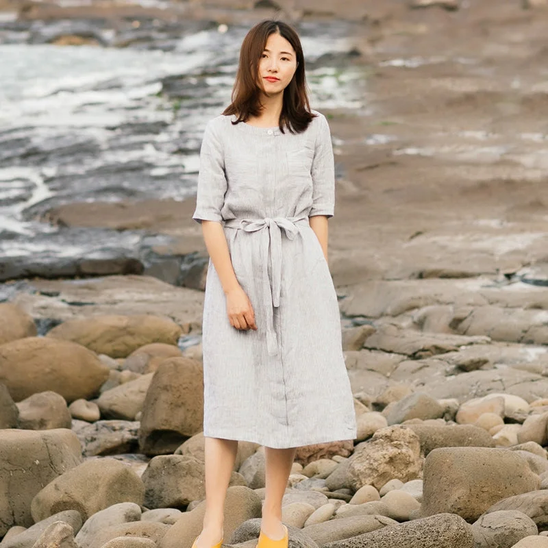 Grey Linen Women Dresses  3/4 Sleeves V Neck Spring Summer Women Dresses XH9662 Long sleeve unclassified dresses