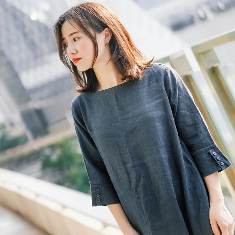 Navy Blue 100% Linen Women Dresses 3/4 Sleeves O  Neck Spring Summer Women Dresses XH9667 Embroidered unclassified dresses