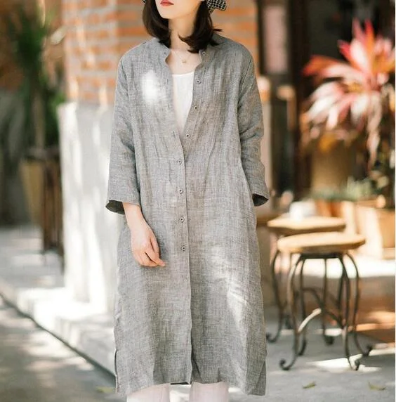 Grey Linen Women Dresses 3/4 Sleeves Spring Summer Women Dresses XH9675 Party unclassified dresses