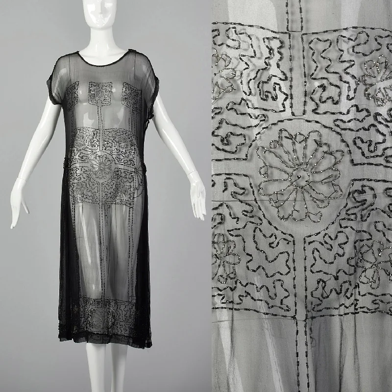 1920s Beaded Sheer Black Dress with Hip Sashes Lace unclassified dresses