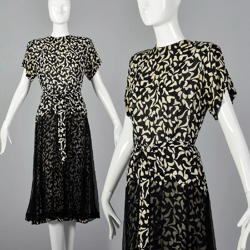 1940s Black and White Print Dress with Sheer Overlay Linen floral dresses