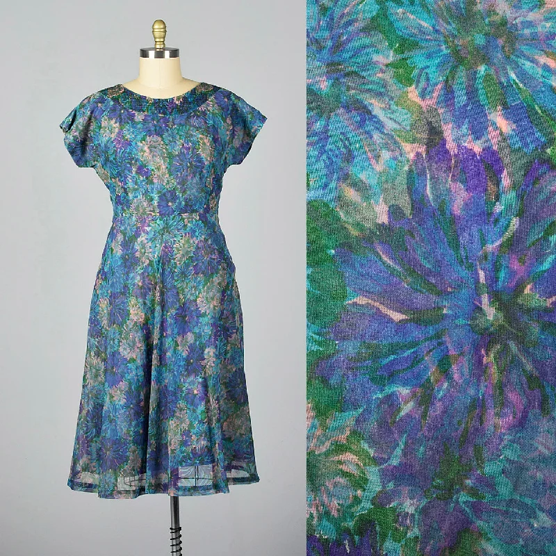 1950s Blue Floral Print Dress with Chiffon Overlay Floral dresses under $100