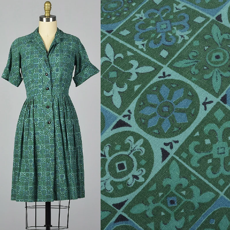 1950s Teal Print Cotton Day Dress Preppy floral dresses