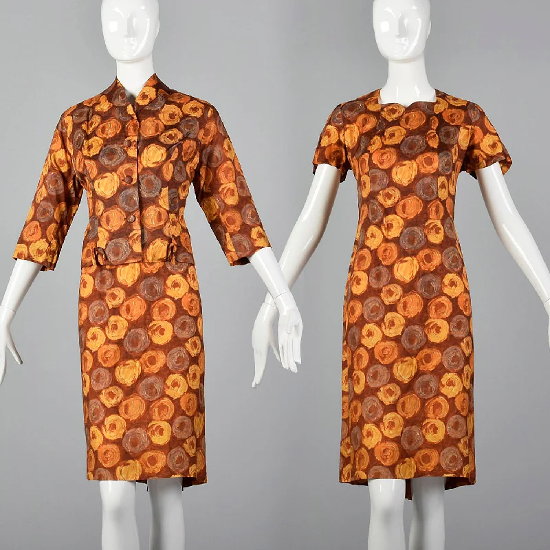 1960s Brown Swirl Print Dress and Jacket Set Best floral dresses for tall women