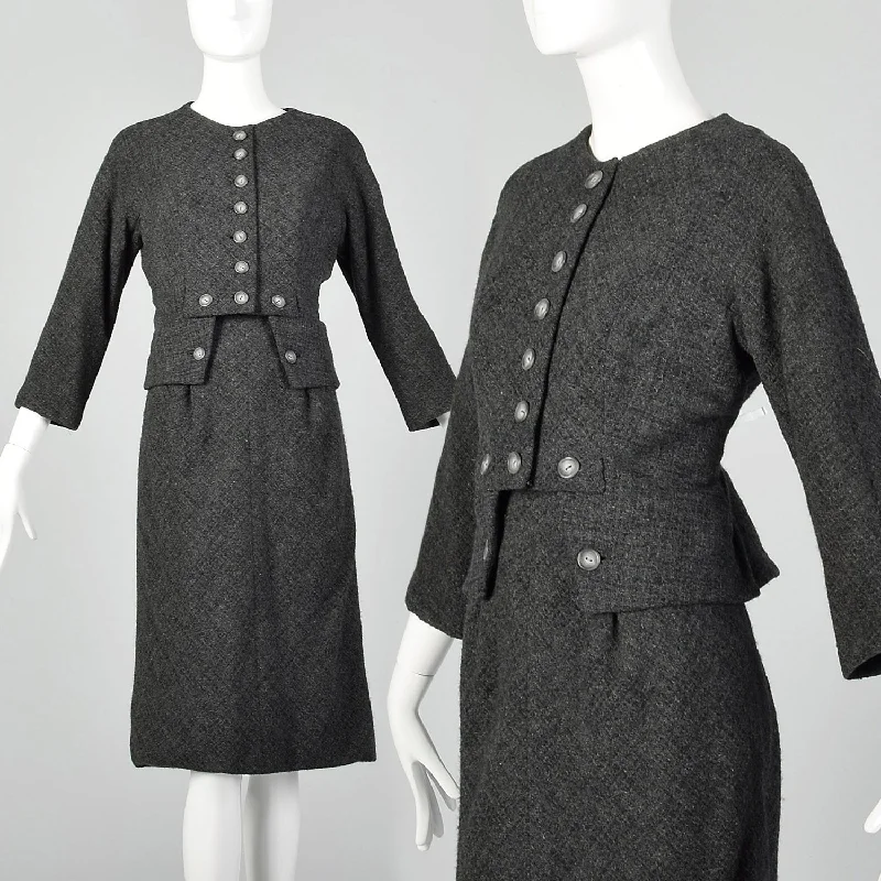 1960s James Galanos Two Piece Dress Set in Gray Wool Tweed Chiffon unclassified dresses