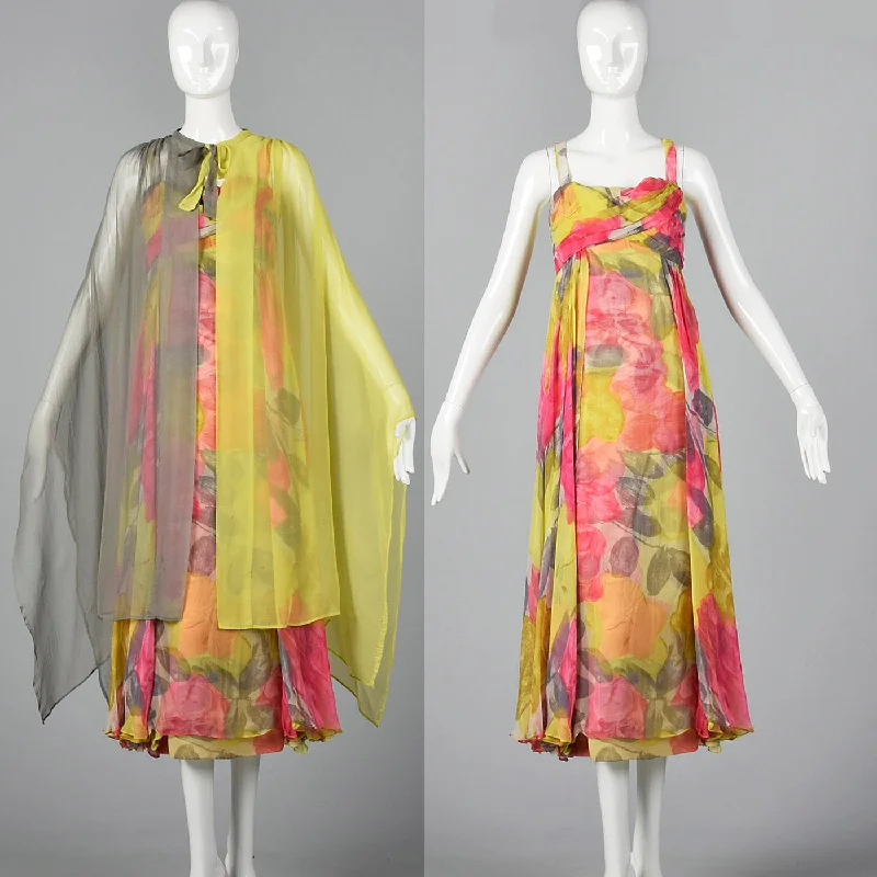 1960s Silk Floral Dress with Color Block Cape Formal floral dresses