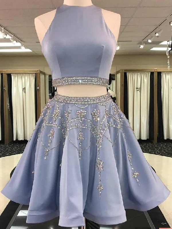 2 Pieces Satin Beaded Prom Dresses, 2 Pieces Homecoming Dresses, Formal Dresses, Graduation Dresses Color block unclassified dresses