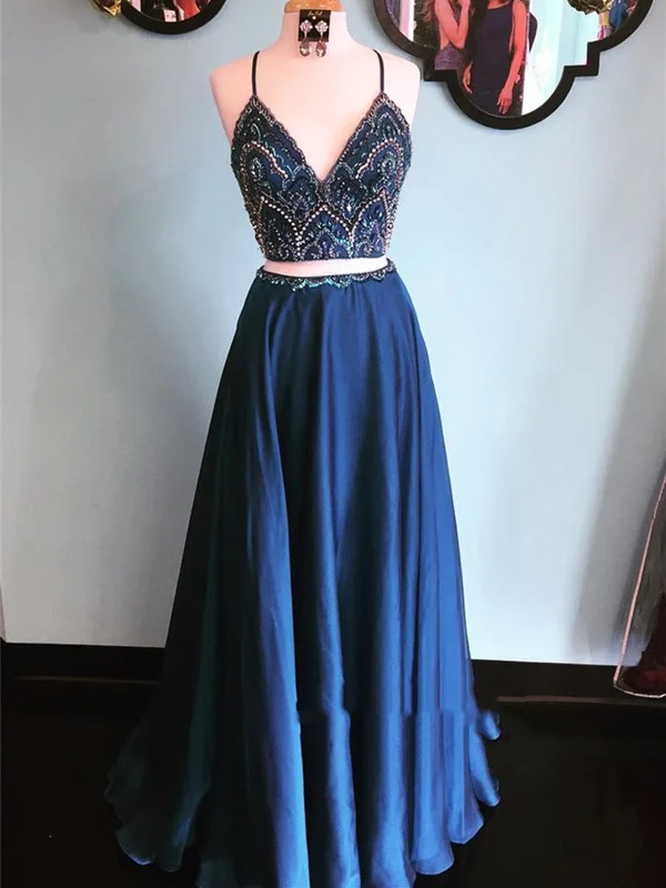 A Line 2 Pieces Navy Blue Prom Dress, Dark Blue 2 Pieces Formal Dress, Blue Evening Dress Stylish unclassified dresses