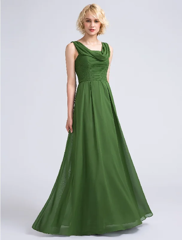 A-Line Bridesmaid Dress Cowl Neck Sleeveless Open Back Floor Length Chiffon with Ruched Sexy unclassified dresses