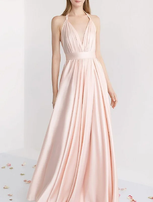 A-Line Bridesmaid Dress Halter Sleeveless Pink Floor Length Stretch Satin with Ruching / Solid Color Festival unclassified dresses