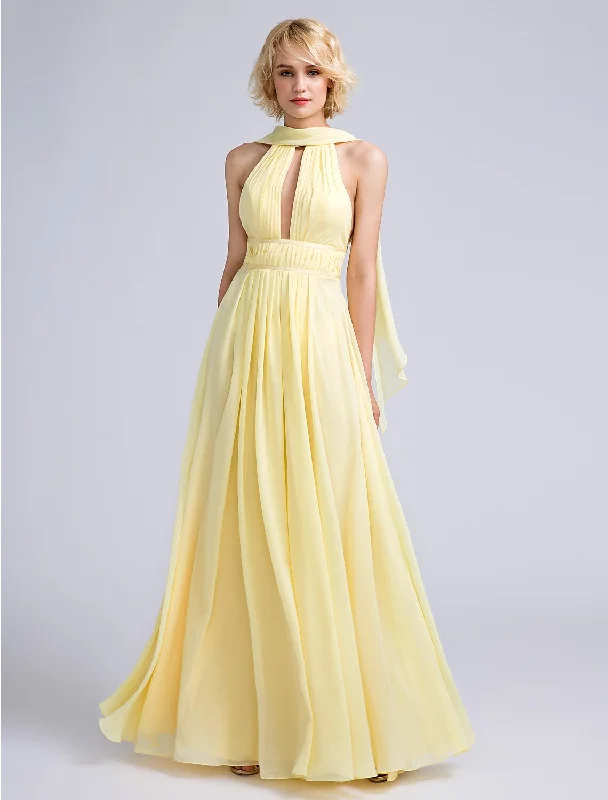 A-Line Bridesmaid Dress Jewel Neck Sleeveless Elegant Floor Length Chiffon with Beading / Draping Trendy new unclassified dresses