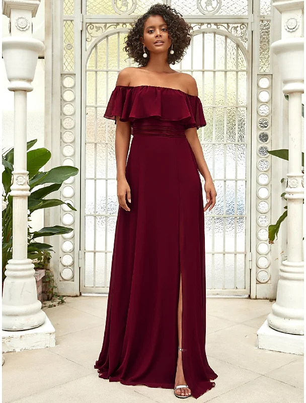 A-Line Bridesmaid Dress Off Shoulder Sleeveless Elegant Floor Length Chiffon with Ruffles / Draping / Solid Color Casual chic unclassified dresses