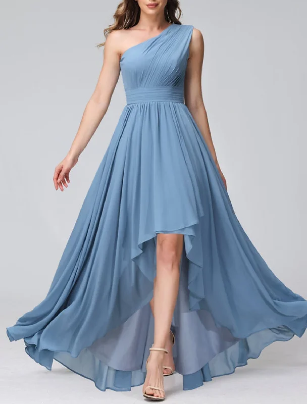 A-Line Bridesmaid Dress One Shoulder Sleeveless Blue Asymmetrical Chiffon with Solid Color Bright color unclassified dresses