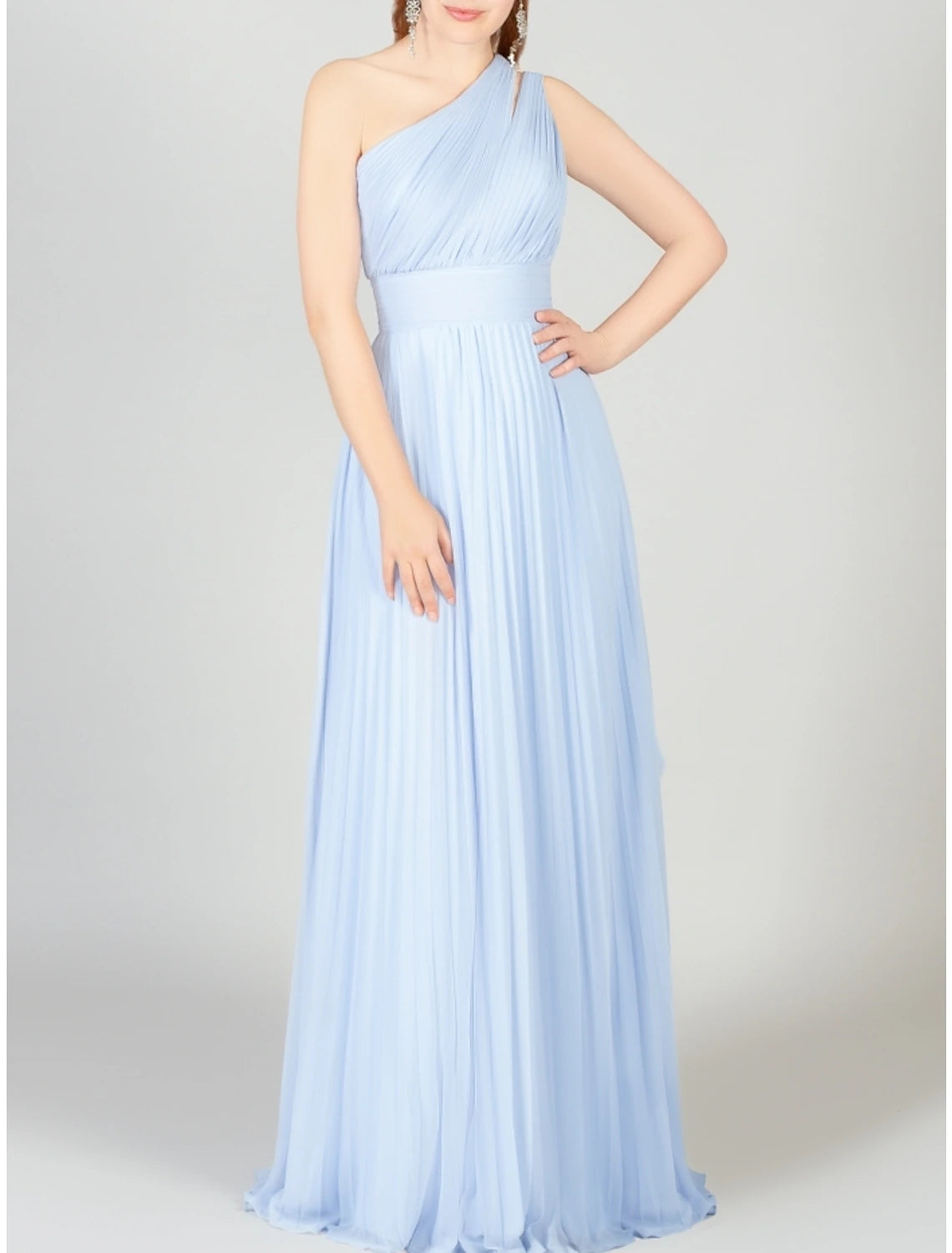 A-Line Bridesmaid Dress One Shoulder Sleeveless Blue Floor Length Chiffon with Ruching Lounge unclassified dresses