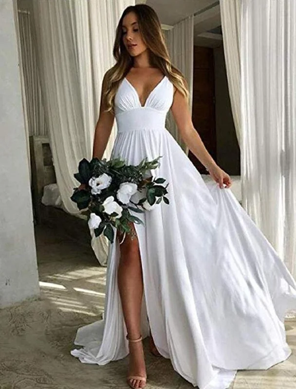 A-Line Bridesmaid Dress Plunging Neck Sleeveless Furcal Floor Length Chiffon with Pleats / Split Front Open-back unclassified dresses