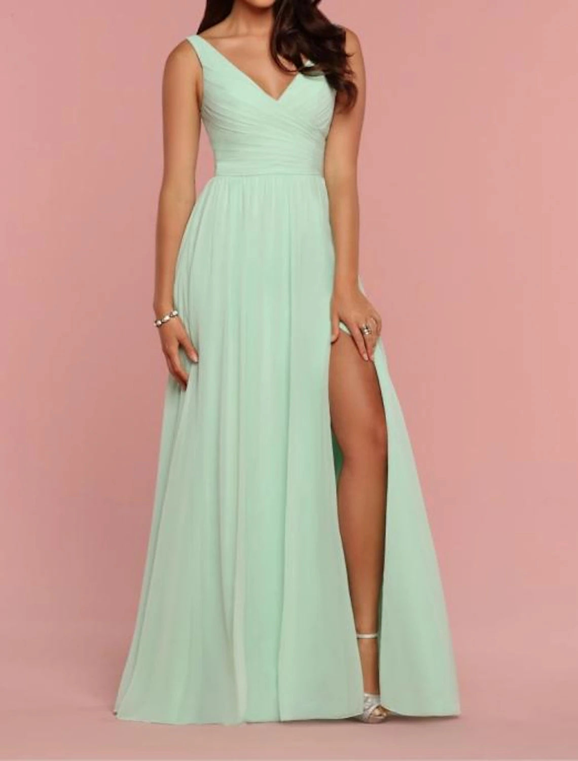 A-Line Bridesmaid Dress Straps / Plunging Neck / V Neck Sleeveless Open Back Floor Length Chiffon / Shantung / Imitated Silk with Pleats / Draping / Ruching Preppy unclassified dresses