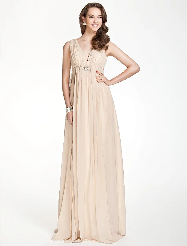 A-Line Bridesmaid Dress V Neck Sleeveless Beautiful Back Floor Length Chiffon with Pleats / Beading / Draping Ruffled unclassified dresses