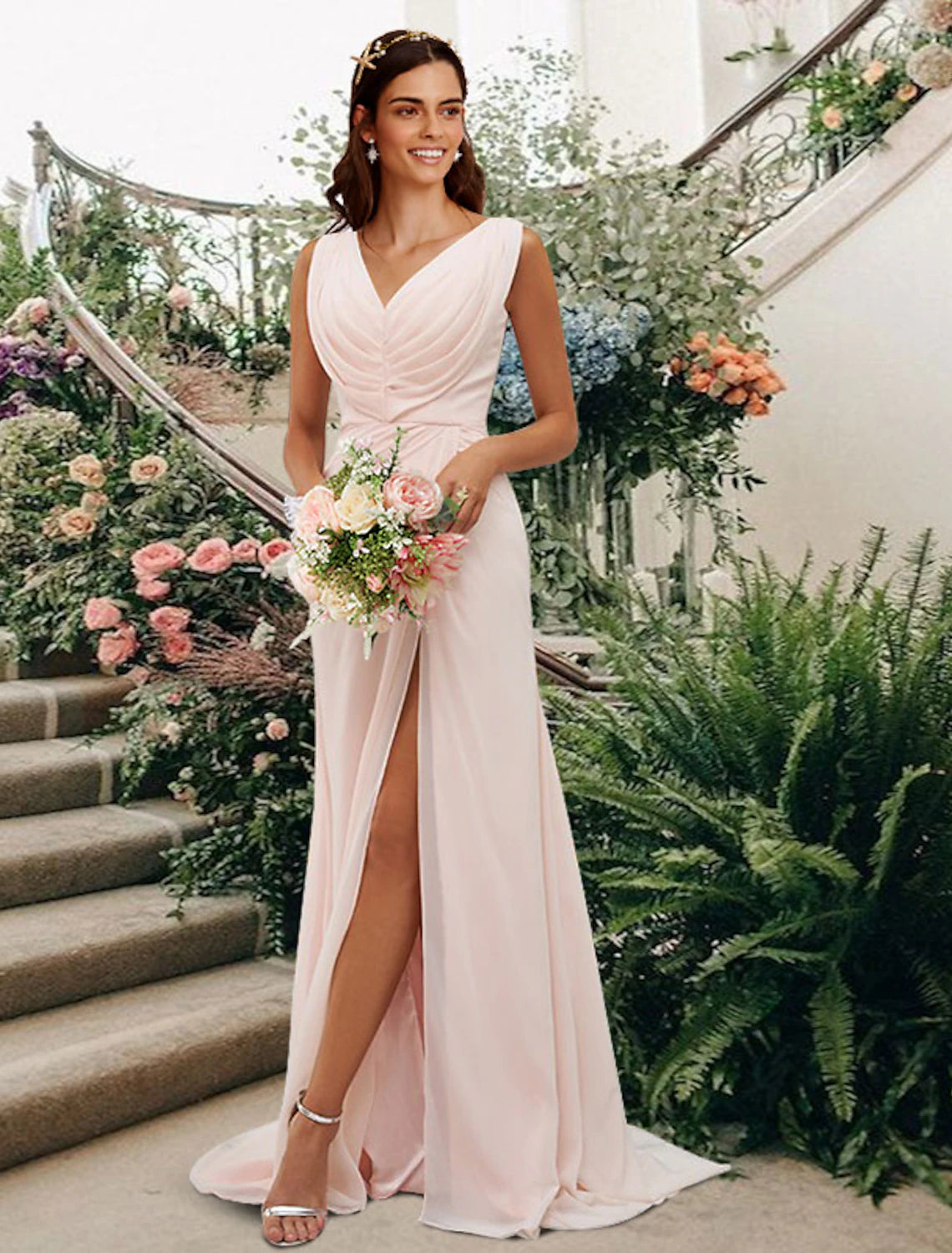 A-Line Bridesmaid Dress V Neck Sleeveless Elegant Floor Length Chiffon with Split Front / Ruching Stretchy unclassified dresses